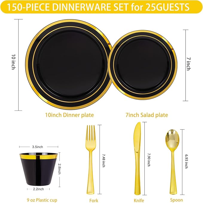 WELLIFE 150 PCS Black and Gold Disposable Dinnerware Set, Plastic Plates for Party, Including 25 Dinner Salad Plates, Cups, Forks Knives Spoons for New Year Party Supplies