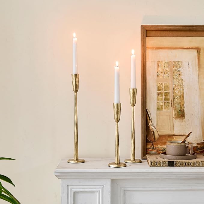 Cast Iron Taper Candle Holder Set of 3, Heavyweight Tall Candlestick Holders, Antique Gold, for Fireplace Mantle & Dining Table, Versatile Decor for Wedding, Holiday, Home & Christmas