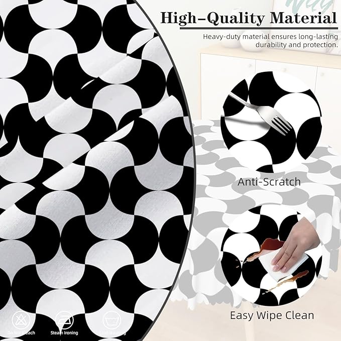 Laeacco 24 Inch Geometric Round Tablecloth Black and White Abstract Pattern Modern Art Print Table Cloth Washable Waterproof Wrinkle Free Table Cover for Kitchen Dining Picnic Party Decoration