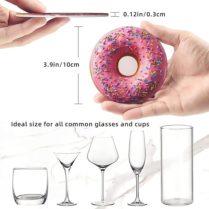 Donuts Coasters for Drinks with Holder Round Leather Coasters Set of 6 Cups Mugs Mat Pad for Home Kitchen Bar