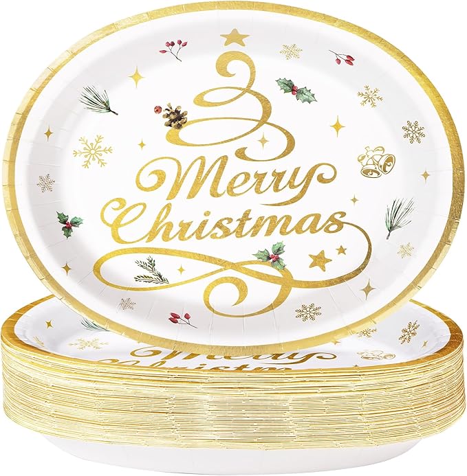 Grencian 50pcs Merry Christmas Oval Paper Plates - 10" x 12" Heavy Duty 400GSM Gold Christmas Tree Dessert Plates for Xmas Winter Holiday Party Supplies