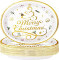 Grencian 50pcs Merry Christmas Oval Paper Plates - 10" x 12" Heavy Duty 400GSM Gold Christmas Tree Dessert Plates for Xmas Winter Holiday Party Supplies