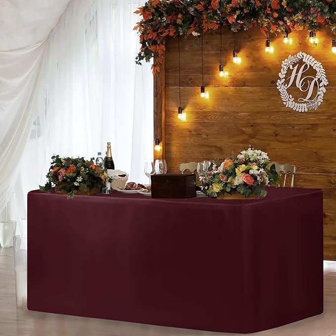 HolidayIdeas Fitted Burgundy Tablecloths - 72 x 30 Inch - 2 Pack Rectangle Table Clothes for 6 Foot Folding Tables, Polyester Fabric Table Cover for Trade Show, Craft Show, Events