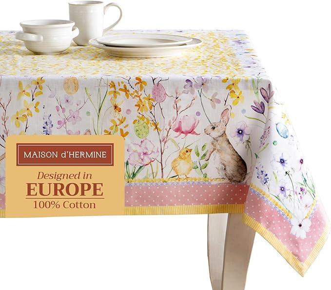 Maison d' Hermine Table Cloth Rectangle Table 100% Cotton 70 x 120 Inches Tablecloth Reusable Decorative for Dining Room Farmhouse Home Valentines Day Decorations Spring Summer - Easter Zest
