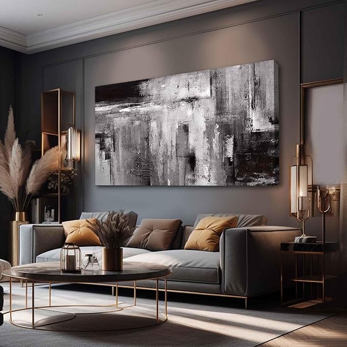 XIANSHOU Black Abstract Wall Art Living Room Decor Painting 29"x 58" White Abstract Graffiti Wall Decorations for Bedroom Kitchen Dining Room Office