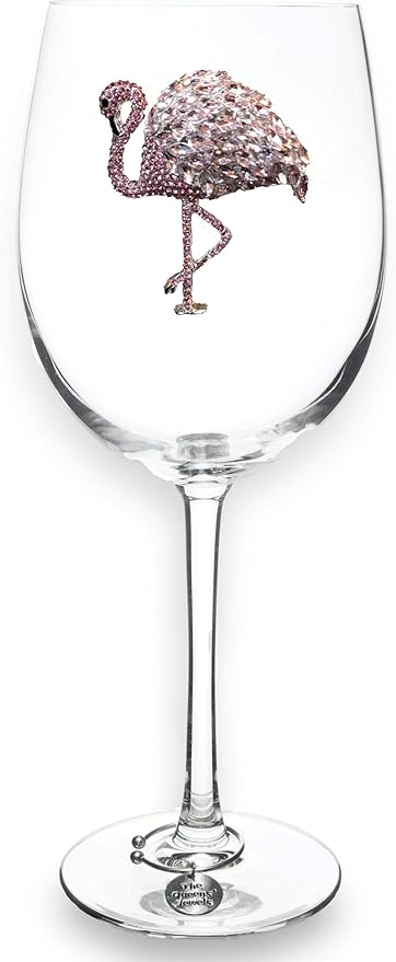 THE QUEENS' JEWELS – Flamingo Stemmed Wine Glass, 21 oz. – Eye-Catching Sparkling Jewels – Hand-Decorated Glassware – Not Painted – Dazzling and Unique