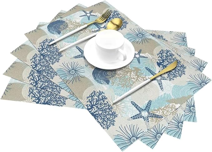 Placemats Set of 4 Aqua Blue Nautical Place Mats Coastal Beach Theme Coral Starfish Woven Table Mats Washable Blue Coral PVC Placemat for Dining Kitchen Decor Indoor Outdoor, 12 x 18 Inch