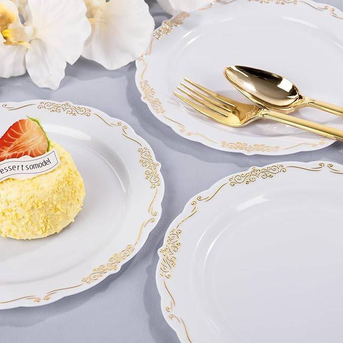 DaYammi 60PCS White and Gold Plastic Plates, Disposable Heavy Duty Plates Premium 7.5inch White Dessert Cake Salad Appetizer Plates Hard Plastic Platos Disposable for Party Wedding