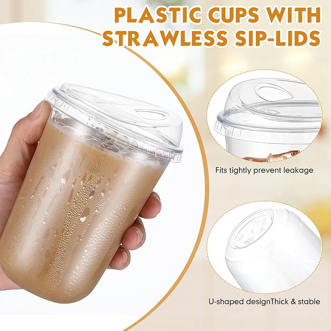 Baderke 100 Pcs Plastic Cups with Sip Lids Round Bottom Disposable Plastic Coffee Cups with Lids Clear Strawless Crystal Mugs for Iced Coffee Smoothie Cold Beverage Party Catering Supplies (16 oz)