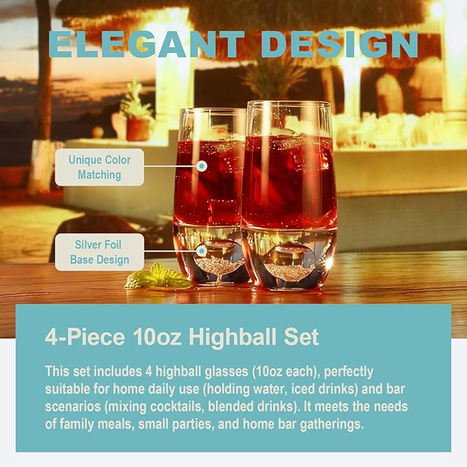 Highball Glasses Set of 4, 10oz, Hand Blown Lead-Free Premium Crystal Glasses, Silver Foil Bottom,Water Glasses,Mojito Glass Cups,and Mixed Drink Cocktail Glass Set, bar -Dishwasher Safe
