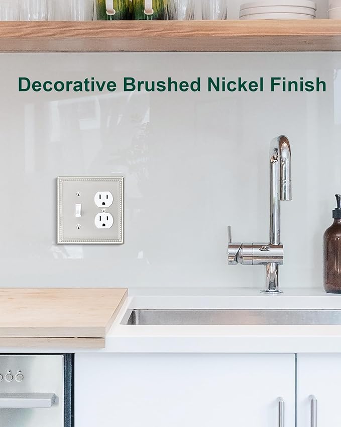 2-Pack Combo Toggle/Duplex Light Switch Cover Plate, Brushed Nickel Metal Wall Outlet Cover, Decorative Classic Beaded Wall Plate