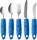 Special Supplies Adaptive Utensils (5-Piece Kitchen Set) Wide, Non-Weighted, Non-Slip Handles for Hand Tremors, Arthritis, Parkinson’s or Elderly Use - Stainless Steel Knives, Fork, Spoons - Blue