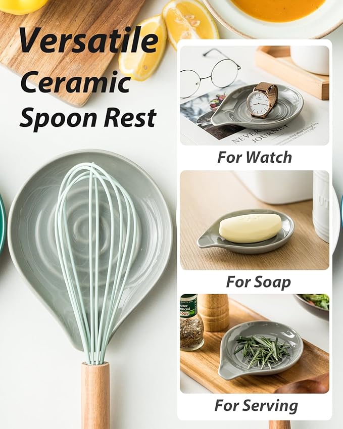 LAUCHUH Spoon Rest for Kitchen Countertop, 5 inch Ceramic Spoon Holder for Stove Top Large Cooking Spoon Holder for Spatula, Ladle or Tongs, Framhouse Decor, Gray