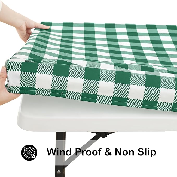 Smiry Rectangle Picnic Table Cloth, Elastic Waterproof Fitted Vinyl Tablecloths, Flannel Backed Buffalo Plaid Table Covers for Dining, Camping, Outdoor (Emerald Green and White, 24" x 48")