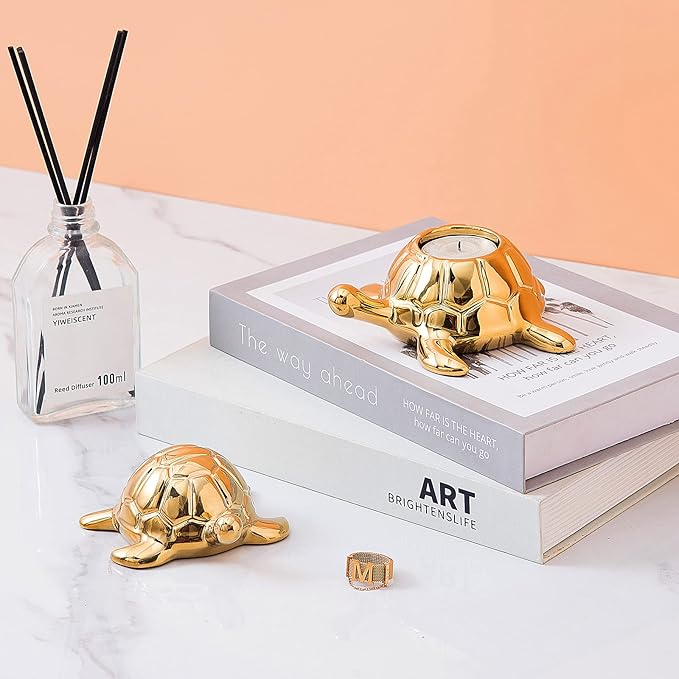 Golden Turtle Statue, Ceramic Turtle Ornament for Home Decor - Gold Tabletop Decoration, Collectible Decor for Elderly, Turtle Sculpture for Bookshelf, Desk, Nightstand