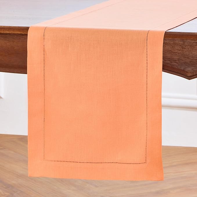 Solino Home Linen Coral Table Runner 72 Inches Long - 100% Pure Linen Hemstitch Table Runner 14 x 72 Inch for Dresser, Dining, Valentines, Spring, Easter - Classic Hemstitch
