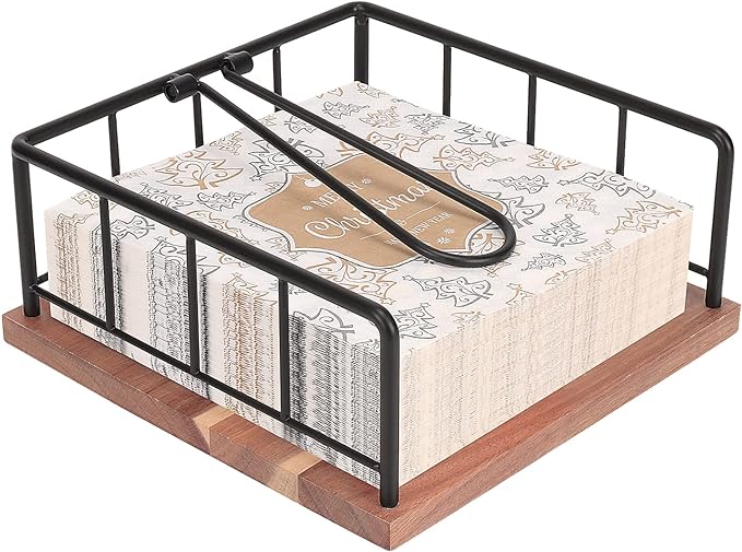 Livabber Flat Napkin Holder, Metal Kitchen Napkin Storage with Weighted Tension Arm Rustic Tissue Paper Dispenser for Countertop, Table Kitchen, Dining Room (With Wooden Base, Black)