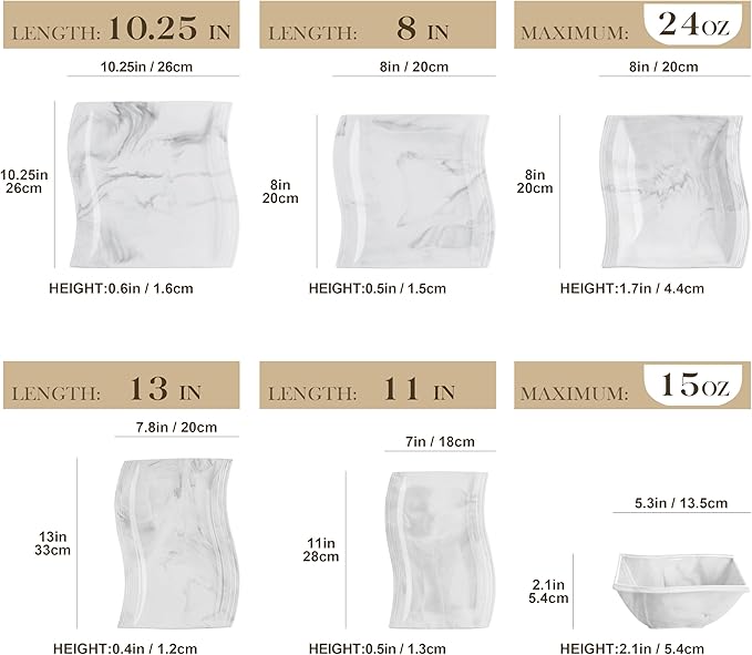 MALACASA Square Dinnerware Sets, 26-Piece Marble Grey Plates and Bowls Sets, Porcelain Dinner Set Microwave Safe, Kitchen Dinnerware Plates Set, Dishes and Bowls, Service for 6, Series Flora