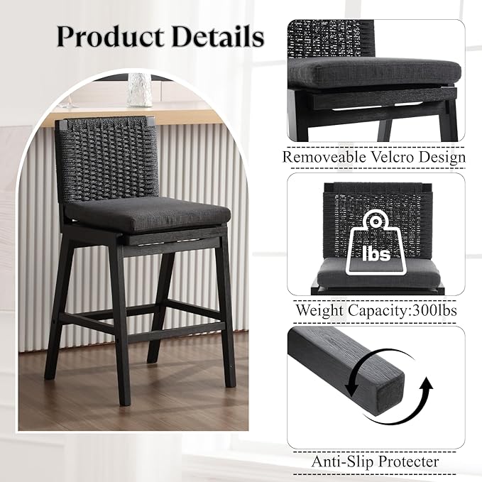 Carbon Black Bar Stools Set of 2, 27.3 Inch Counter Height Stools Upholstered Linen Armless Bar Chairs with Woven Rope Backrest Wooden Legs for Kitchen Island Dining Room