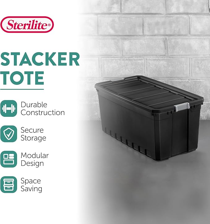 Sterilite 9-Pack Plastic Storage Bins with Lids, Stackable Containers, 50 Gallon, Black
