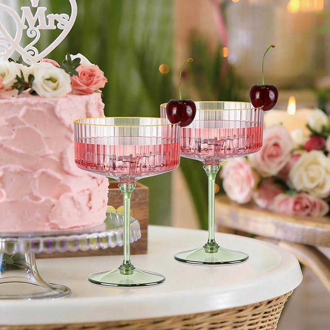 XUWAIDSGN 24Pcs Champagne Martini Glasses 9 Oz with Gilded Removable Gold Rim Coupe Glasses Pink Martini Glasses Plastic Mimosa Vintage Coupe Glasses Set For Wedding Anniversary (24, Pink & Green)