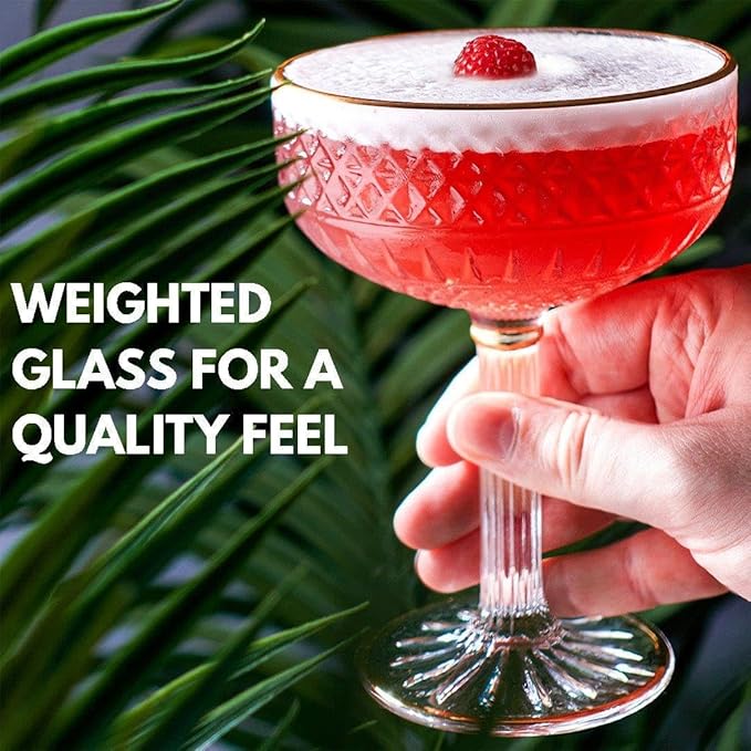 VEMACITY - Embossed Espresso Martini Glasses Set of 2 (10oz) - Gold Rim Coupe Glasses for Cocktails, Champagne & Margaritas - Vintage Art Deco Design | Ideal for Martinis and Margaritas