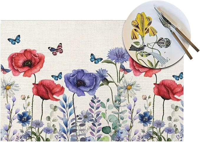 Independence Day Floral Placemats 12x18 Inches Set of 4, 4th of July Blue Red Flower Placemats Summer Decorative Rectangle Modern Table Mats for Party Home Kitchen Dining Table Decoration