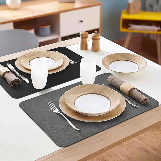 Faux Leather Placemats Set of 6, Vinyl Placemats Wipeable Waterproof Oil-Proof Table Mats, Heat Resistant Reversible Place Mats for Kitchen Indoor Outdoor, 15.8 x 11.8 inches (Grey/Black)