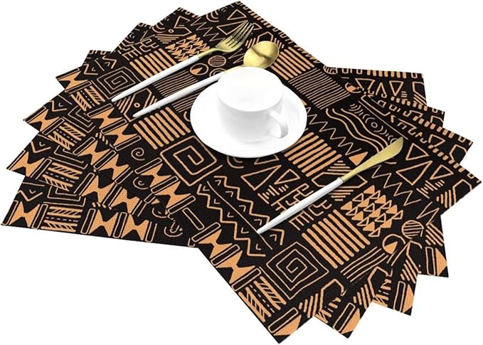 African Ethnic Pattern Placemats Set of 4 Abstract Tribal Art Wipeable Table Mats Reusable Washable PVC Rectangle Place Mats for Kitchen Dining Home Decor 12x18 Inches