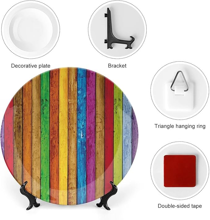 Ceramic Plates, Abstract Decorative Ceramic Plates, Vibrant Wooden Artistic Cheerful Art Rainbow Image, 8 Inch, for Dining, Parties, Wedding, Multicolor