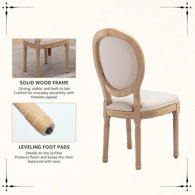 Vintage French Dining Chairs Set of 6, Round Back Accent Chairs with Linen Seat and Solid Wood Frame, Farmhouse Sillas de Comedor Upholstered for Dining Room & Kitchen, Beige