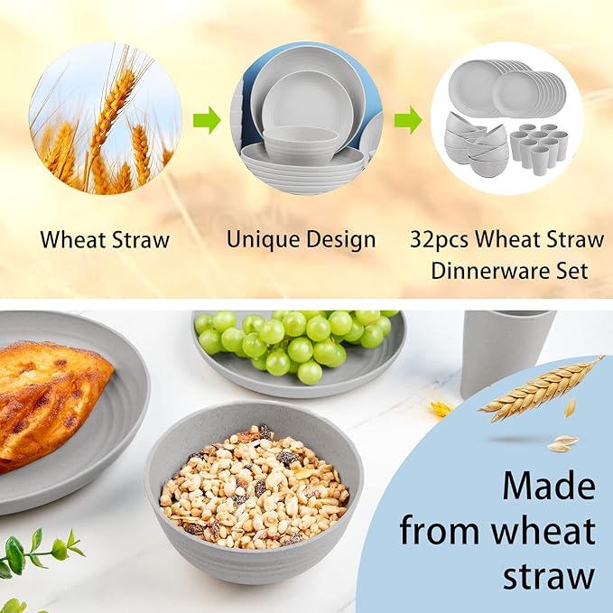 Supernal 32pcs Wheat Straw Dinnerware Sets, Plates and Bowls Sets,Reusable Plastic Plates,Grey Dish Set for 8 include 16pcs Dishes, 8pcs Bowls, 8pcs Cups,Dishwasher Safe.