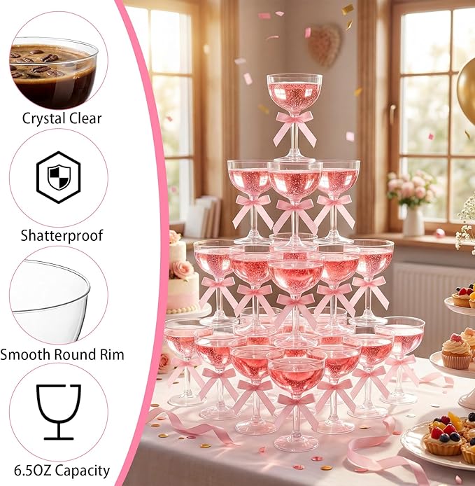 20 Set Disposable Plastic Martini Glasses with Pink Bow 6.5 oz Clear Coupe Glasses Acrylic Champagne Tower a Tini Bit Party Favor Cocktail Unbreakable Dessert Glass for Wedding Birthday