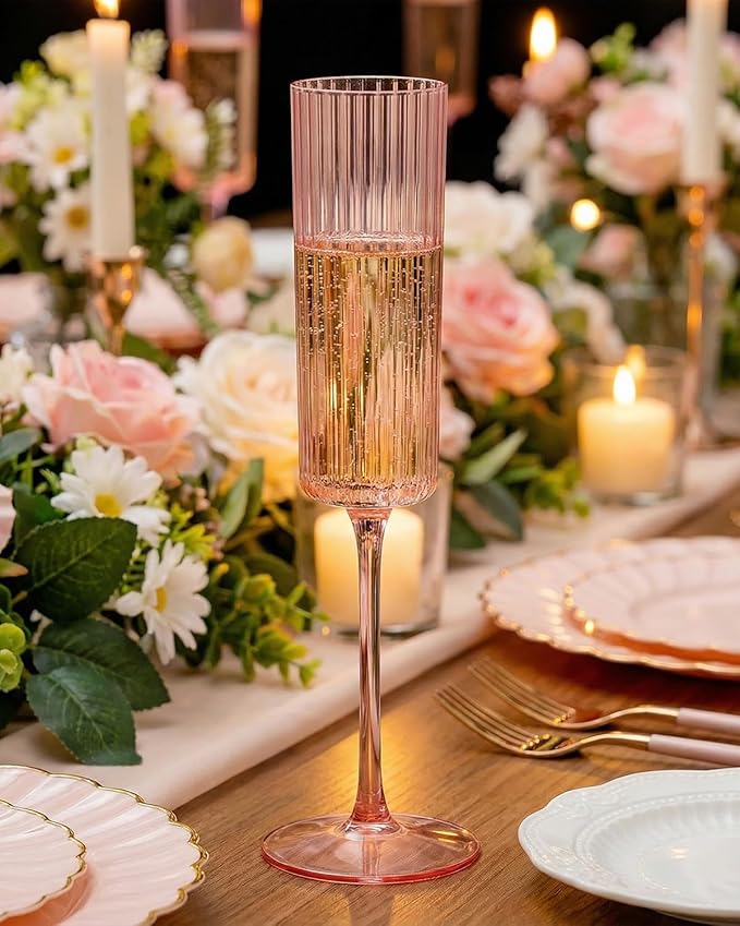 Ciaell 24 Pack Pink Plastic Champagne Flutes - 6oz Ribbed Disposable Champagne Glasses - Pink Vintage Mimosa Glasses with Long Stem, Elegant & Lightweight for Weddings and Party
