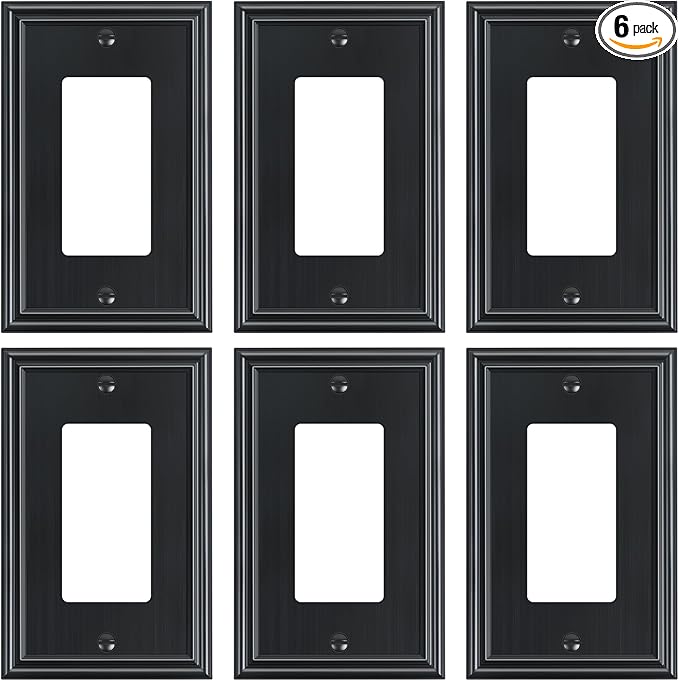 6-Pack Decorator Outlet Cover Plate, Black Decorative Switch Plates and Outlet Covers, Durable Zinc Alloy Wall Plates for Electrical Outlets, Receptacle, GFCI Outlet, Dimmer Switch
