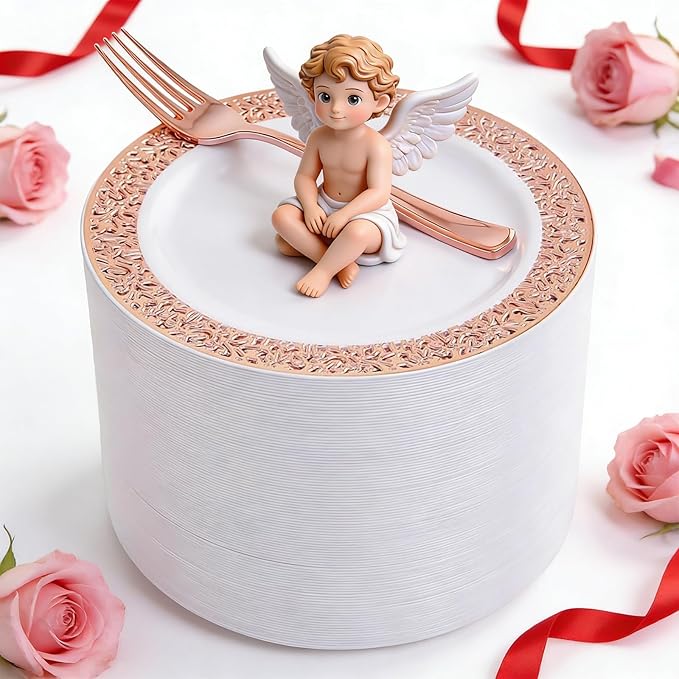 WDF 200 Pieces Rose Gold Dessert Plates with Forks, 100Pcs Lace Design Cake Small Rose Gold Appetizer Plates 7.5" and 100 Pcs Forks 7.4" for Wedding/Party