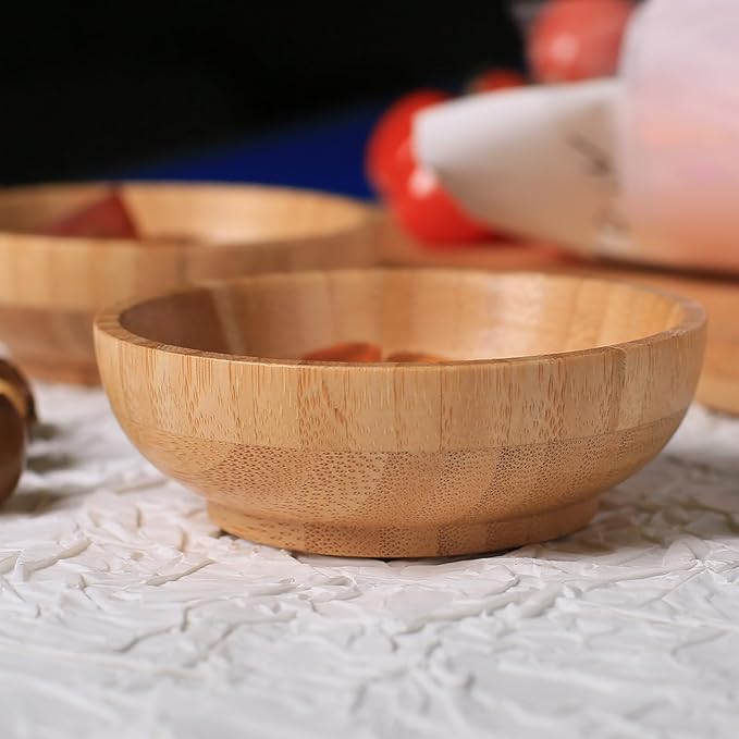 Bamboo Snack Bowls, Small Low Serving Bowls for Charcuterie/Fruit/Candy, 3.4 oz Handmade Dipping Bowl for Spice/Salsa/Tomato Sauce, Farmhouse Wooden Ramekins for Kitchen Set of 2