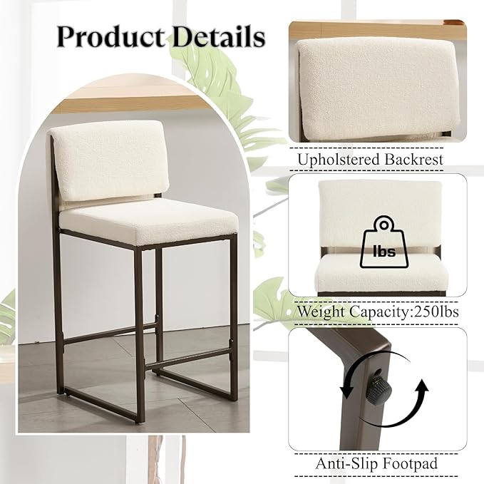 Modern Barstools Set of 2, 26” Upholstered Counter Height Bar Stools Sherpa Fabric Counter Stools with Padded Back Metal Frame for Kitchen Island Dining Room, White