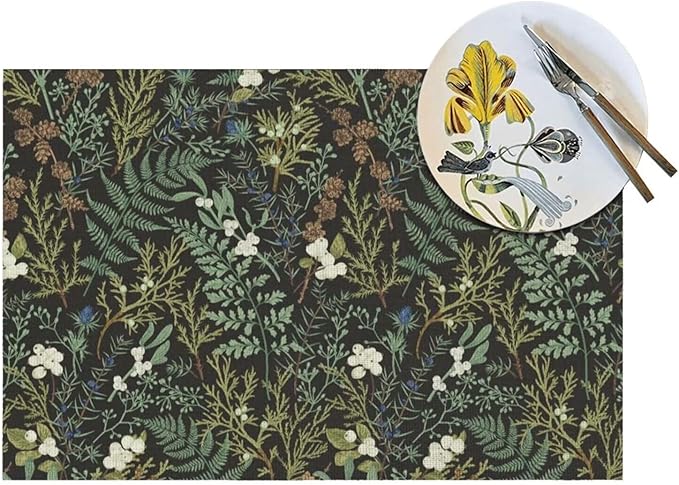 Botanical Print Floral Placemats Set of 4 Black Sage Green Spring Flower Plant Wipeable Table Mats Reusable Washable PVC Rectangle Place Mats for Kitchen Dining Home Decor 12x18 Inches