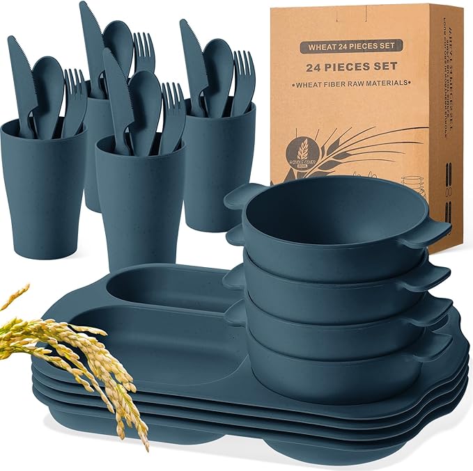 Tanlade 24 Pcs Wheat Straw Dinnerware Cutlery Sets, Divided Plates Unbreakable Bowl Microwave Dishwasher Safe Tableware Cutlery Spoon Knife Fork Cup(Dark Blue)