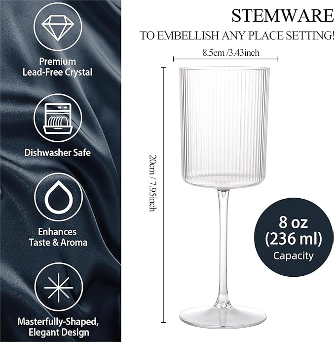 Ciaell 12 PCS Plastic Ribbed Wine Glasses - 10 OZ Plastic Square Wine Glasses with Stem - Disposable Champagne Cups for Parties & Weddings & Party & Valentine's Day