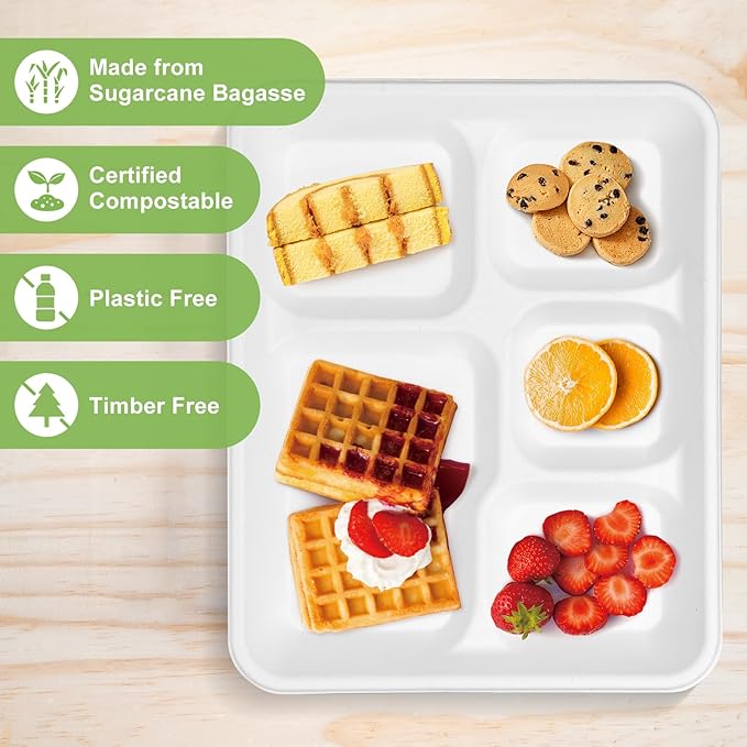 Compostable 5 Compartment Plates Disposable, 10.25 x 8.25 inch, [50-Pack] Heavy Duty Paper Plates with dividers, Sturdy School Lunch Trays, White Large Paper Dinner Plates for Buffet Party