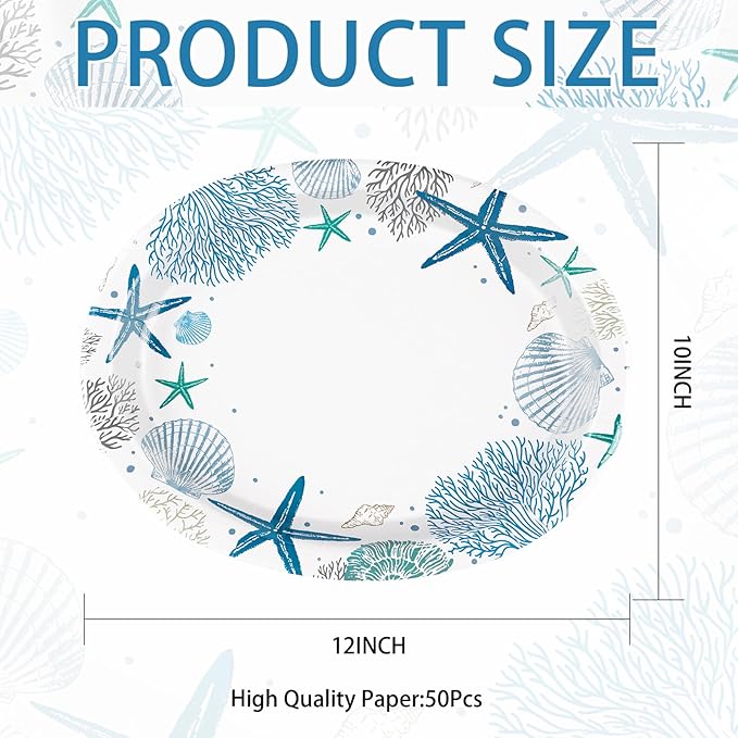 50Pcs Christmas Coastal Oval Paper Plates 10" x 12" Large Disposable Heavy Duty Blue Ocean Coral Starfish Seashell Platters Beach Sea Plate for Merry Xmas Holiday Dinner Birthday Table Party Supplies