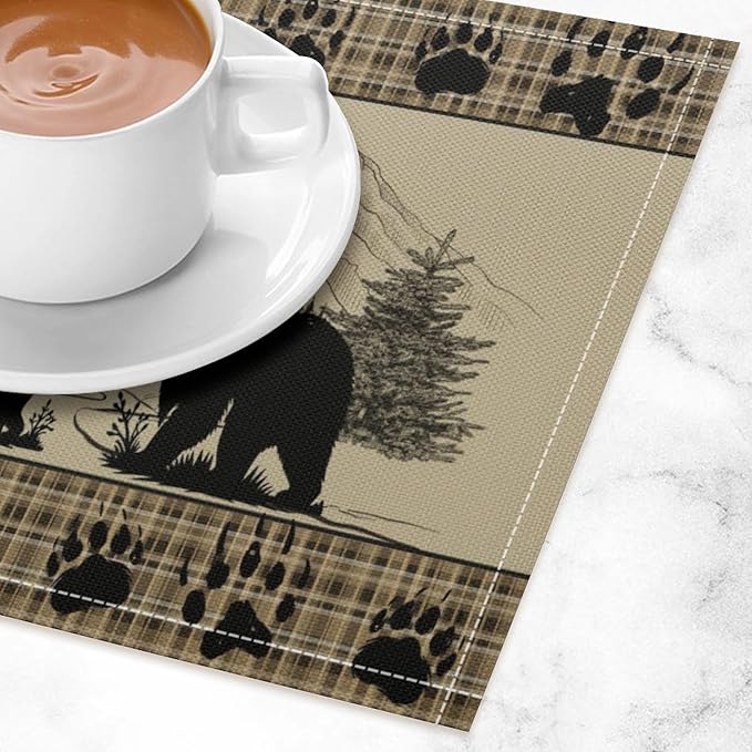 Retro Farmhouse Placemat Set, Rustic Brown Tartan Check Wildlife Bear Paw Silhouette Sketch Pine Tree Forest Pattern Home Decoration Linen Table Mats for Dining Room Kitchen Party (17x12in) x4P
