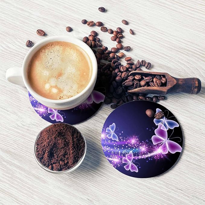 Flowers and Butterfly Drink Coasters Modern Beautiful Fly Animal Shine in Dark Housewarming Presentss for New Home Present for Friends,2 Pcs,4 X 4 X 0.35 Inches for Men Women