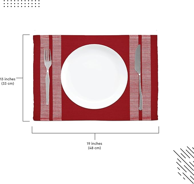 Encasa XO Dining Placemat Set of 6 | Ladder Red Color | Fine Ribbed Cotton Table mat | Size 18x13 in | Machine Washable