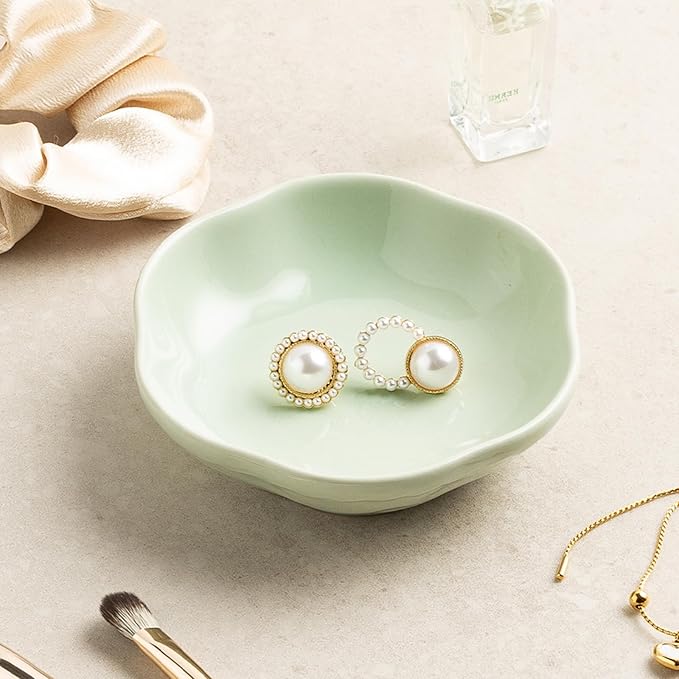 Ceramic Jewelry Tray Ring Holder Dish Floral Trinket Bowl for Women Girls Jewelry Organizer for Vanity Dresser Decor Wedding Birthday Gift for Her (green)