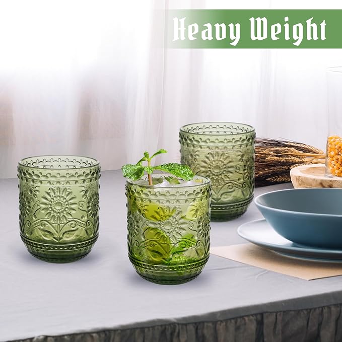 Topsky Vintage Colored Glassware Set of 6,12 oz Green Sunflower Drinking Glasses Set,Blue Drinkware Glasses for Wine,Cocktail,juice,Heavy Duty Glass Cups