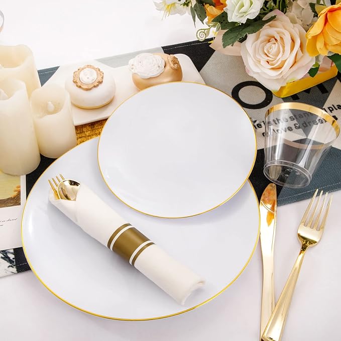 Rubtlamp 140Pcs Gold Plastic Plates, White Plates with Gold Rim, Disposable Dinnerware Include 20Dinner Platos,20Dessert Platos,20Pre Rolled Napkins with Cutlery,20 Cups