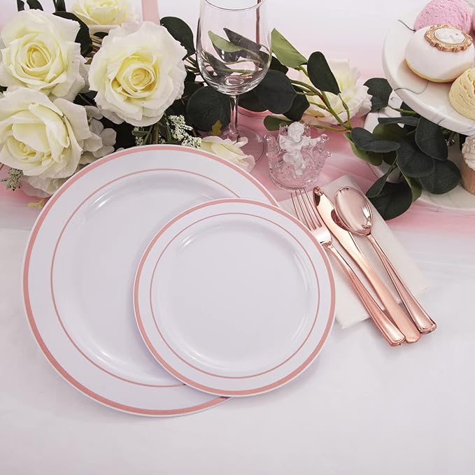 WDF 120 pieces Rose Gold Plates Disposable - Heavy Duty Rose Gold Plastic Plates Perfect for Valentines Day, Mother's Day, Wedding, Birthday